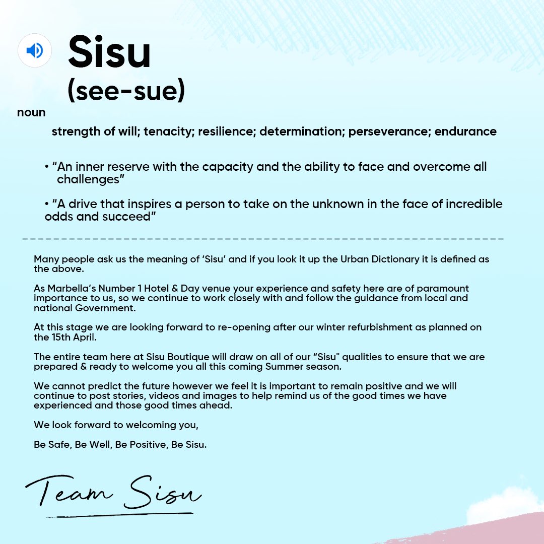 🇪🇸 
Estar Seguro
Estar Bien
Ser Positivo 
Ser Sisu

🇬🇧 
Be Safe
Be Well
Be Positive 
Be Sisu 

🇫🇷 
Faire attention 
Être bien
Être positif
Être Sisu

#TeamSisu ❤️
