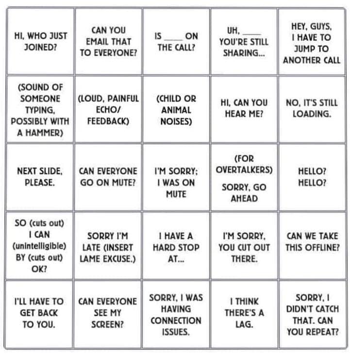 MinnaAila's tweet photo. Some extra flavor for the next video/teleconference #confcallbingo #remotework https://t.co/Hut5EkNO6Z