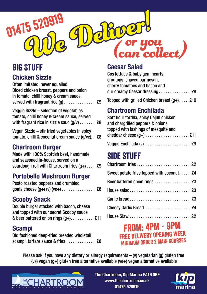 Starting from 4pm Tomorrow, our home delivery and Chartroom take away service begins! 

To begin with we will only be delivering to the Inverkip area including the marina pontoons

#Inverkip #Inverclyde #Scotland #scotfooddrink