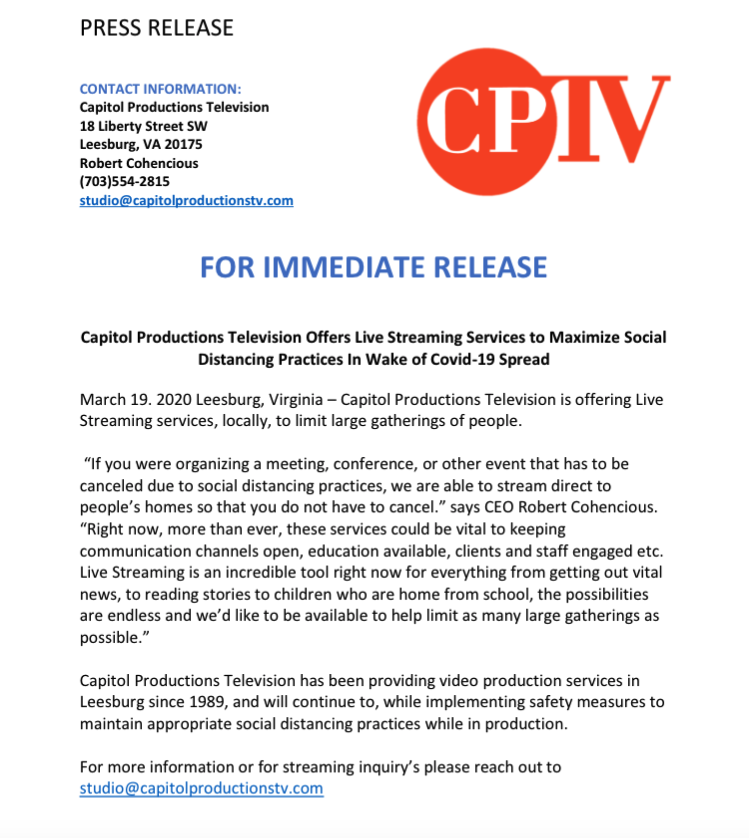 Capitol Productions Television Offers Live Streaming Services to Maximize Social Distancing Practices in Wake of Covid-19 Spread.

capitolproductionstv.com/cptv-news