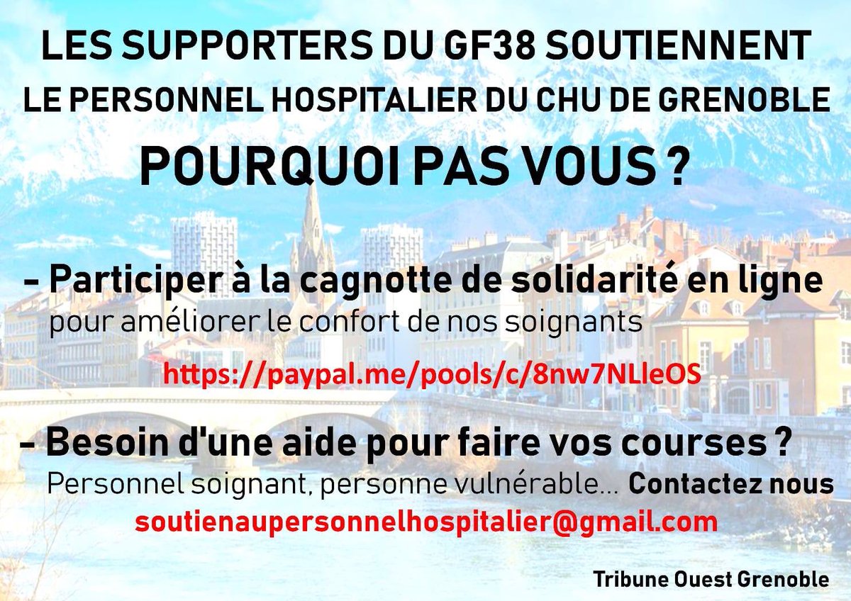 Le GF38 soutient et encourage l’initiative de ses supporters (Tribune Ouest) pour aider le personnel hospitalier du <a href="/CHU_Grenoble/">CHU Grenoble Alpes</a> ! Supporters, joueurs, parents, dirigeants...il suffit de cliquer sur le lien ci-dessous pour y continuer 🔵⚪️ paypal.com/pools/c/8nw7NL…