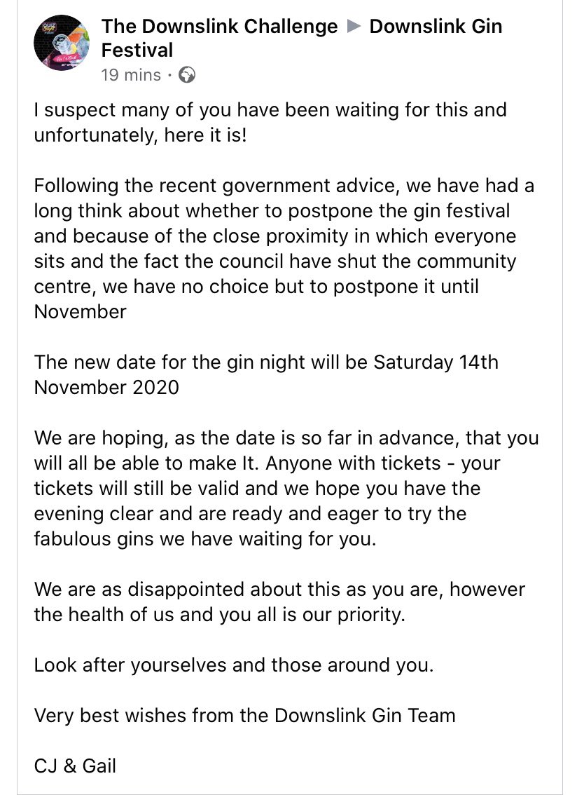 downslink's tweet photo. Unfortunately we’ve had to postpone the gin festival until 14 November. If you’ve got tickets they’ll still be valid for November. Stay safe everyone. https://t.co/Vjz5opXPom