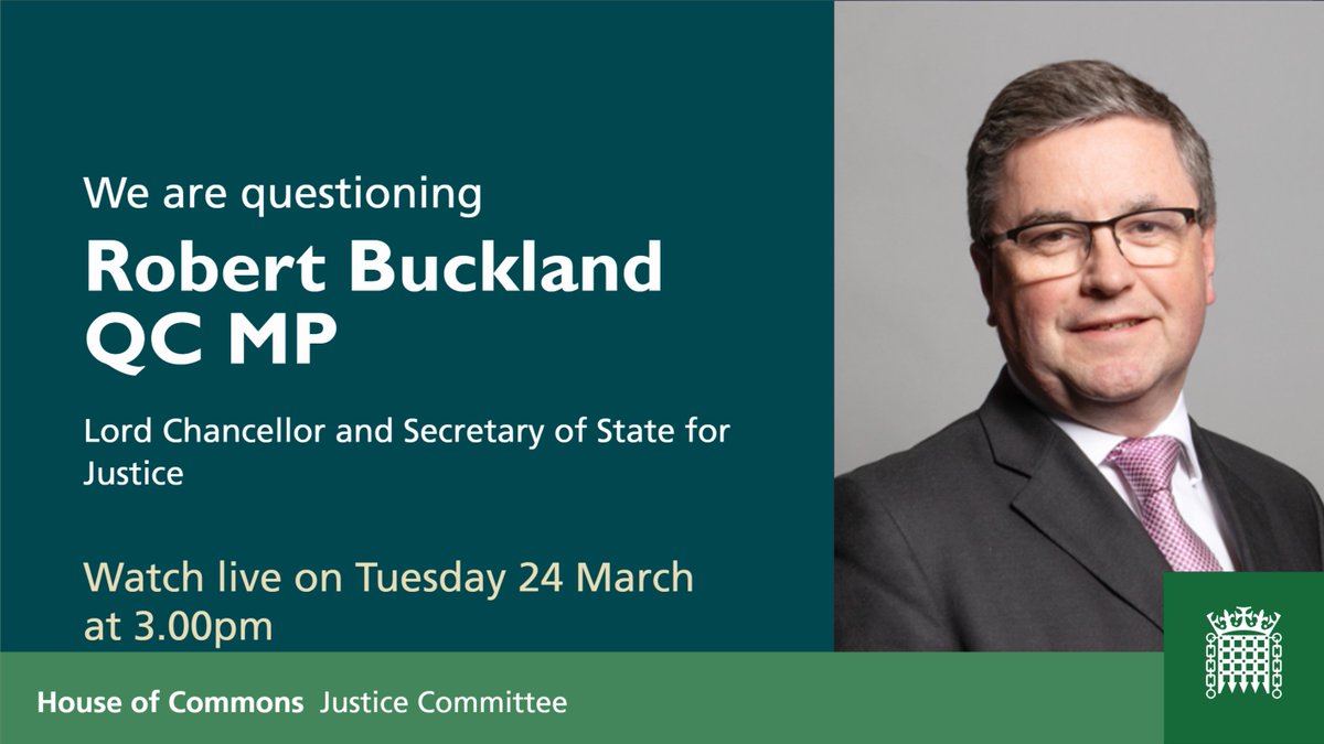 📅 On Tuesday we will take evidence from <a href="/RobertBuckland/">Robert Buckland</a>, Lord Chancellor and Secretary of State <a href="/MoJGovUK/">Ministry of Justice</a> 

We will ask about the impact of #COVID19 on the justice system and about prisons, sentencing, legal aid and more.

Watch online from 3.00pm: bit.ly/2UokKUr