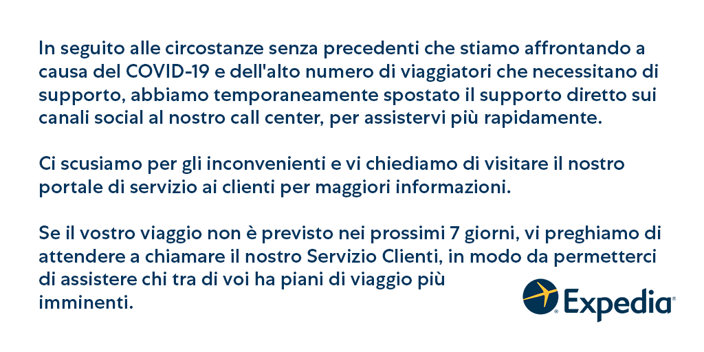 Per maggiori informazioni vi preghiamo di visitare il nostro portale di assistenza clienti: expedia.it/service/#/arti…