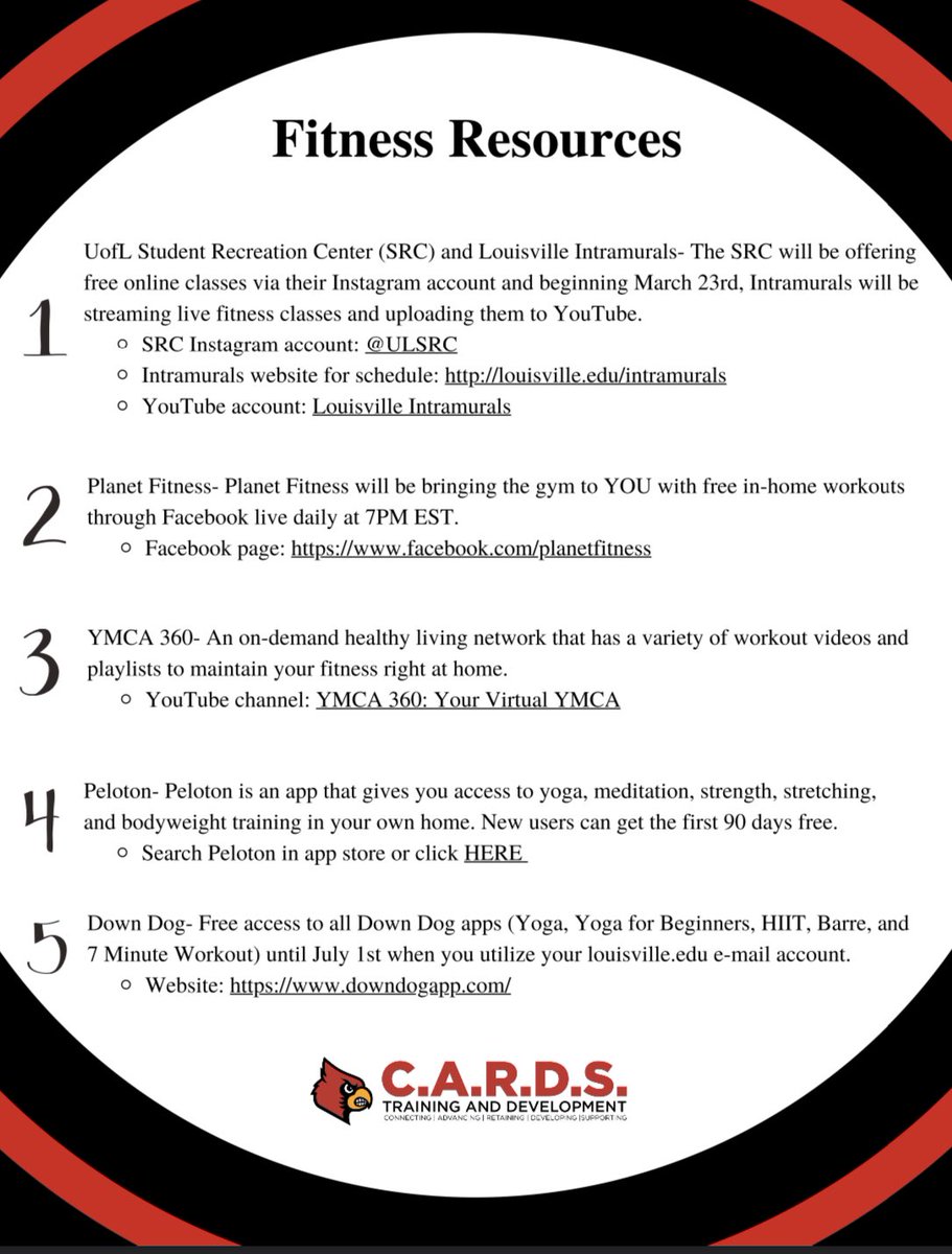 UofLAthleticsHR's tweet photo. Gyms are closed but we want to make sure you keep striving towards your fitness goals! These resources will allow you to workout from home! #FitnessResources #WorkoutFromHome #WorkIns https://t.co/BCgaogCjqC