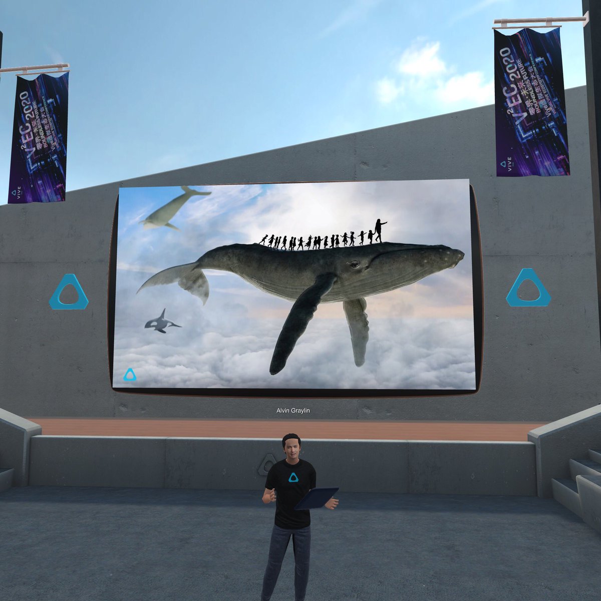 whimwhams's tweet image. Attended the #V2EC2020 last night. I loved the 3D animation integration...whales, trains, giant hairdryers! So fun!!! There were the expected audio issues, and some bugs navigating this new #vr way, but I still tried to make my way back in after rooms crashed. 
More pics below😁
