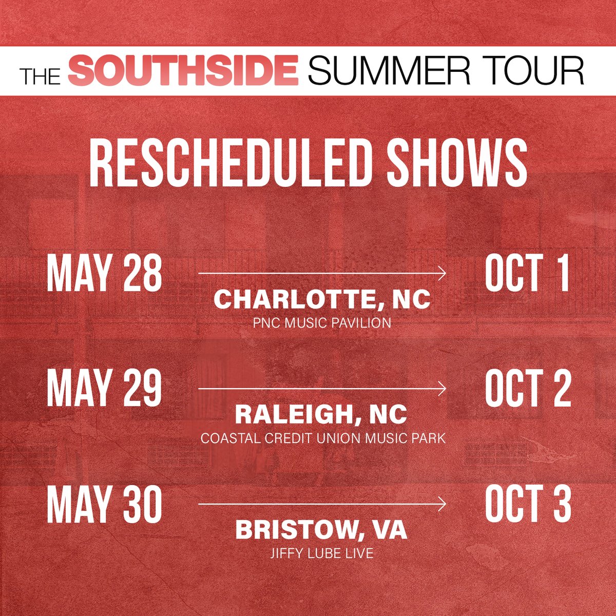 In the interest of health and safety, the first three dates on Sam’s SOUTHSIDE Summer Tour 2020 have been rescheduled. All tickets will be honored for the rescheduled dates. For any further ticketing questions please reach out to your point of purchase.