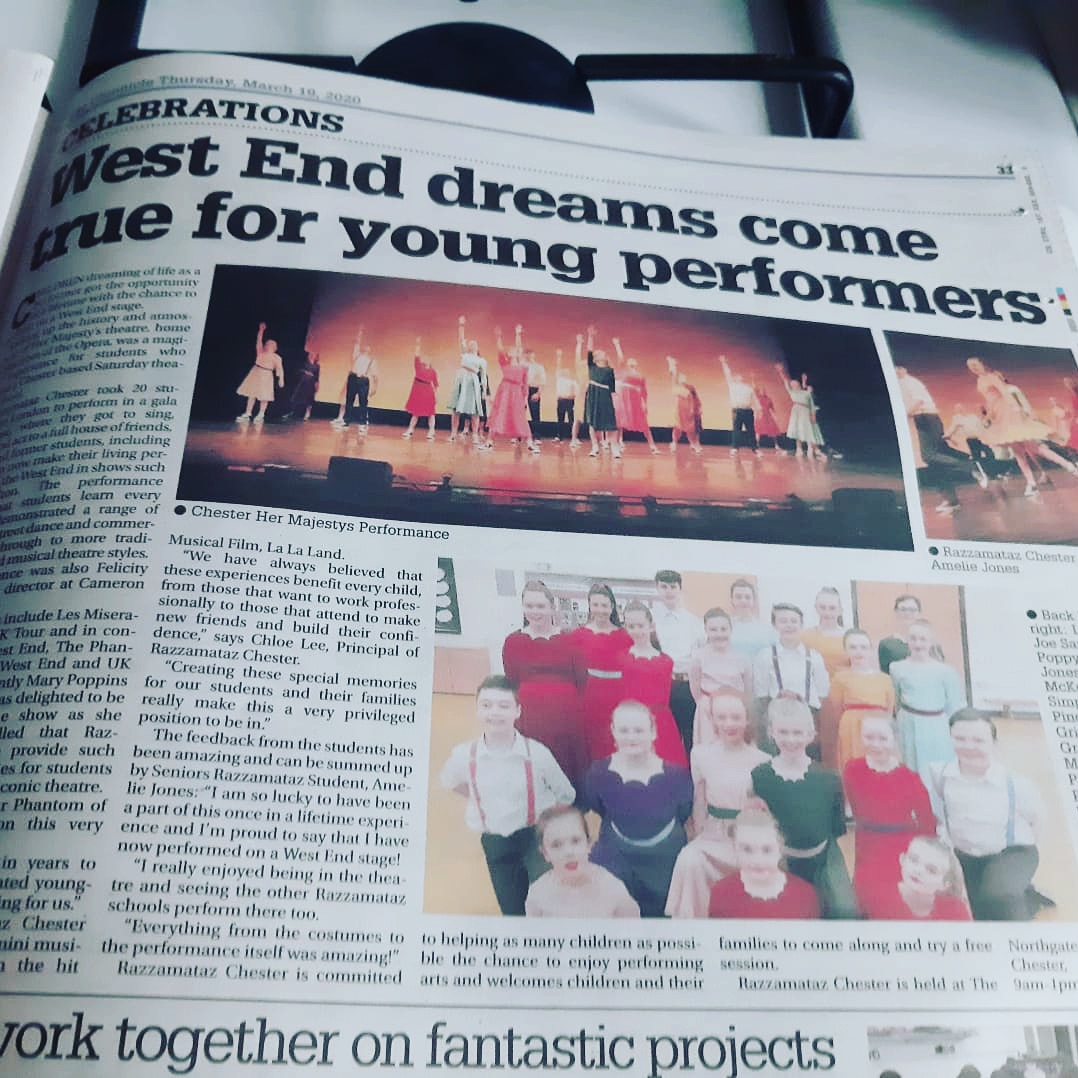 Amazing piece about our West end performance today! Thank you <a href="/CheshireLive/">Cheshire Live</a> 🌟 so proud of our students and thankful of the amazing support we have from parents, and our network. #razzfamily #chesterchronicle #HM2020 <a href="/razzschools/">Razzamataz Theatre Schools</a>