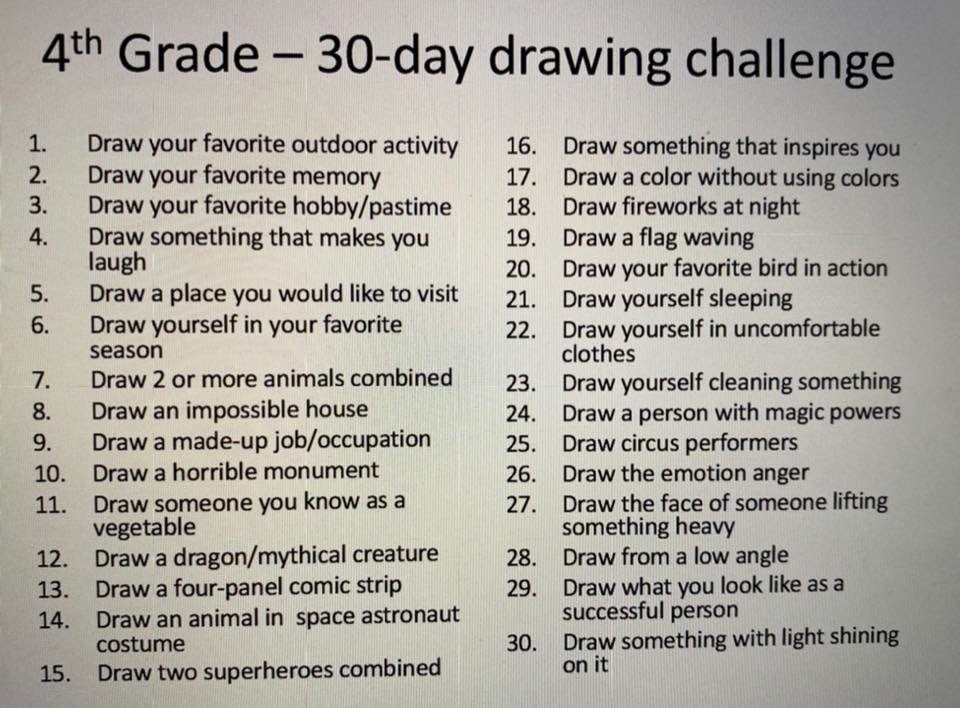FerdinandTDayES's tweet photo. Get your pencils, crayons 🖍 and markers ready! It’s art time!! Here is your 3rd-5th Grade 30-Day drawing challenge! Share your drawing with us! #FTDatHomeLearning https://t.co/fgugQ9ec5j