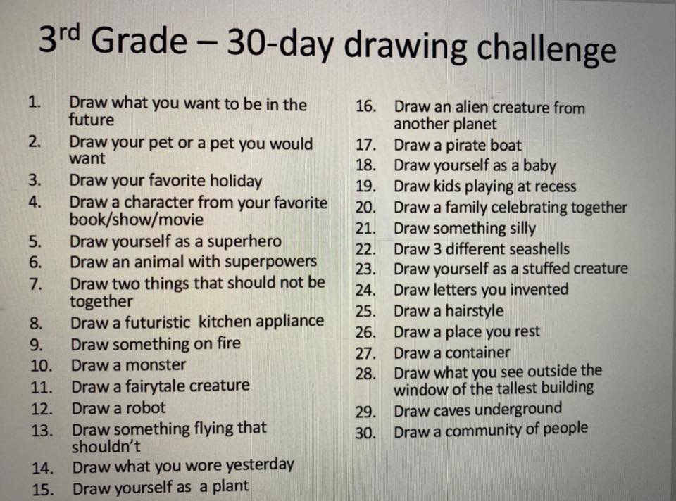 FerdinandTDayES's tweet photo. Get your pencils, crayons 🖍 and markers ready! It’s art time!! Here is your 3rd-5th Grade 30-Day drawing challenge! Share your drawing with us! #FTDatHomeLearning https://t.co/fgugQ9ec5j