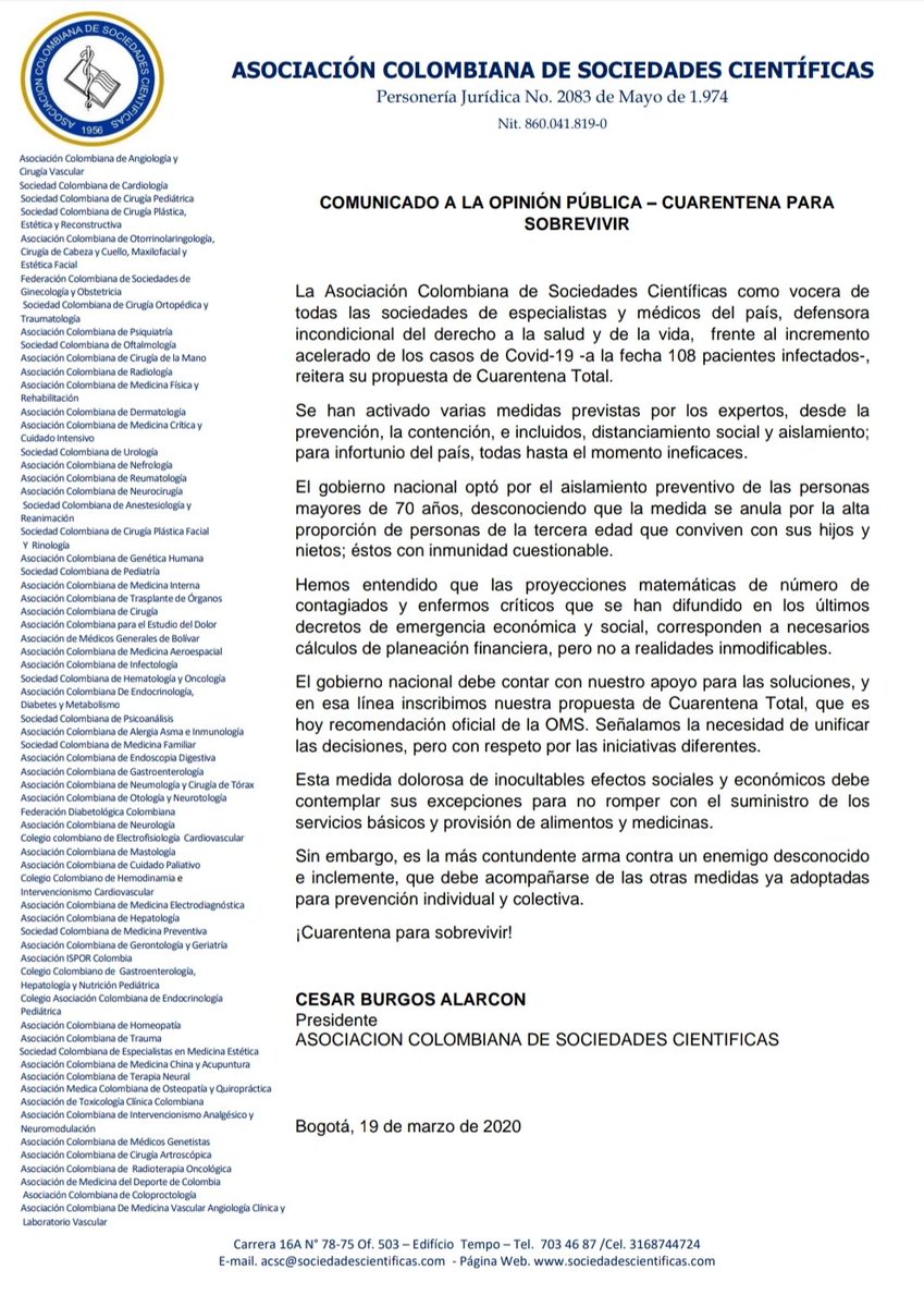 #Cuarentenaparasobrevivir Comunicado a la opinión pública desde la Asociación Colombiana de Sociedades Científicas