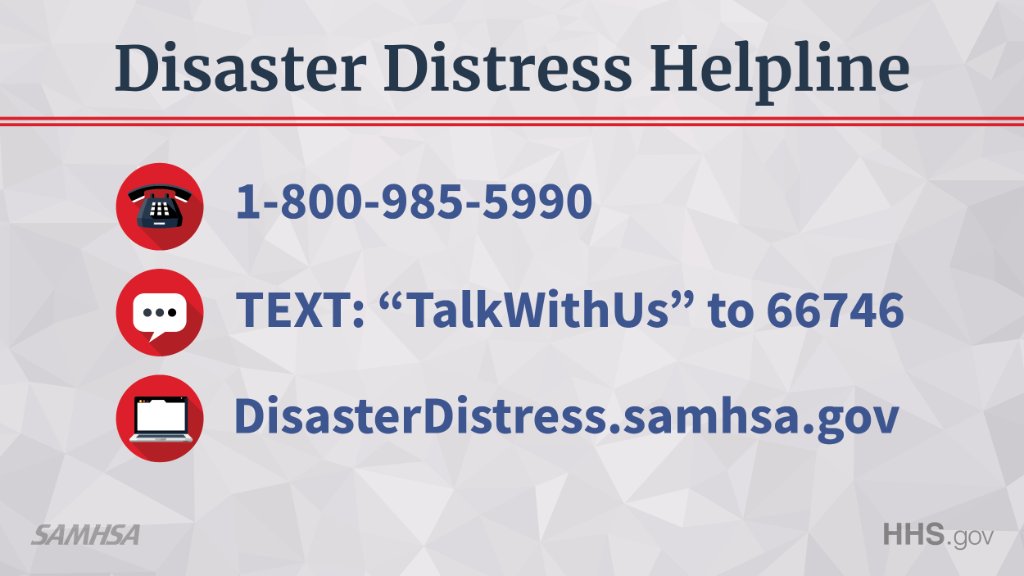 .<a href="/samhsagov/">SAMHSA</a>’s #Disaster Distress Helpline provides 24/7, 365-day-a-year crisis counseling and support to people experiencing emotional distress. 

Call 1-800-985-5990 or text TalkWithUs to 66746 to connect with a trained crisis counselor.
