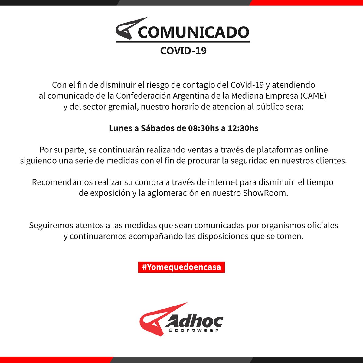 AdhocOficial's tweet photo. Comunicado Oficial sobre el COVID-19.

#Comunicado #adhoc #indumentariadeportiva #coronavirus #prevención https://t.co/ULi3vytHxc