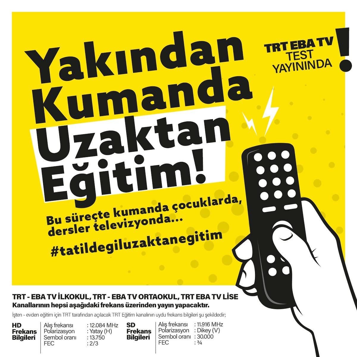 Bu süreçte kumanda çocuklarda, dersler televizyonda. 📺

Çocuklarımızın eğitimden kopmaması siz değerli velilerimizin elinde

Televizyonlarınızda frekans ayarlarımızı yapalım,EBA şifrelerimizi alalım

#tatildegiluzaktanegitim 
#velilerimizeguveniyorum
#ebaTV 
<a href="/trt/">TRT</a> 
<a href="/egitimbilisim/">EBA</a>