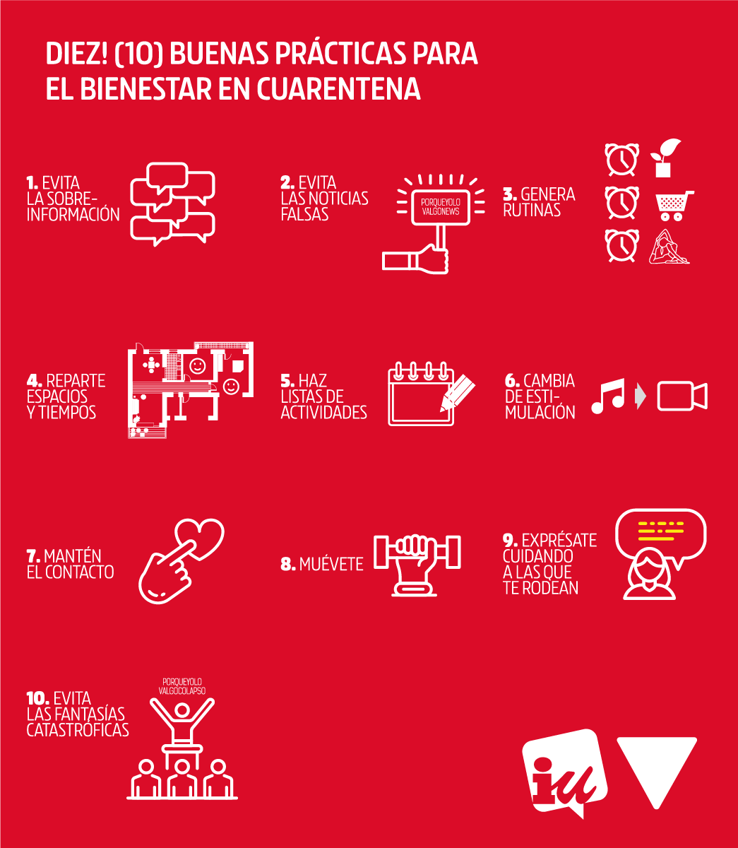 IzquierdaUnida's tweet photo. 🔐En estos días de confinamiento por el #COVID19 es importante cuidar nuestro bienestar emocional y físico.

💡Por ello, desde IU hemos elaborado un #DecálogoBienestar con consejos que puedes seguir para afrontar la #CuarentenaTotal no solo física, sino también mentalmente🧠 https://t.co/V3DfnWxOh8