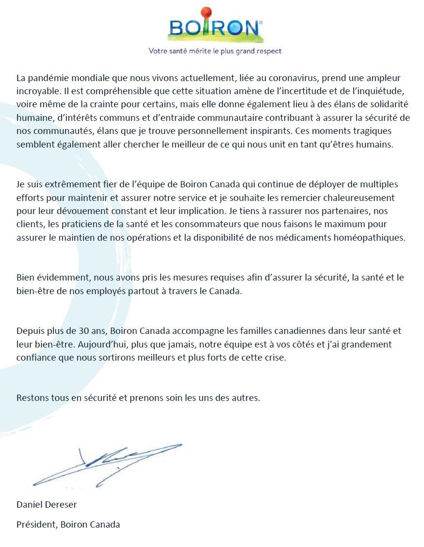 Restons tous en sécurité &amp; prenons soin les uns des autres.  <a href="/BoironCanada/">Boiron Canada</a>