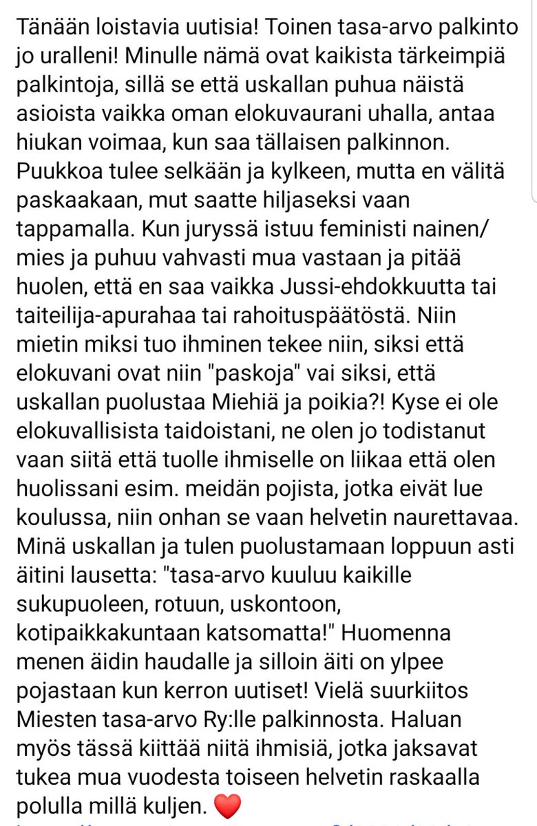 Mä ja Miehiä ja poikia -elokuva saatiin jo urani toinen tasa-arvo palkinto. Tuossa vähän fiiliksiä siitä ja tasa-arvosta yleensäkin.
#tasaarvo #miehiäjapoikia #palkinto  #loistaviauutisia