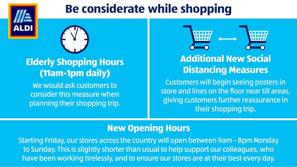Aldi Ireland We Have Implemented In Store Posters Clear Markings On The Floor For Queuing At Checkouts And Disinfectant Sprays And Disposable Towels Provided For Both Trolleys And Baskets Our Staff