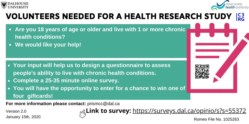 ✔️Live with one or more chronic conditions (includes mental illness)! 
✔️ 18 years of age or older 
🧐You may be eligible to participate in our survey! Check out the poster below for details. #SelfManagementStudy 
Link: surveys.dal.ca/opinio/s?s=553…
