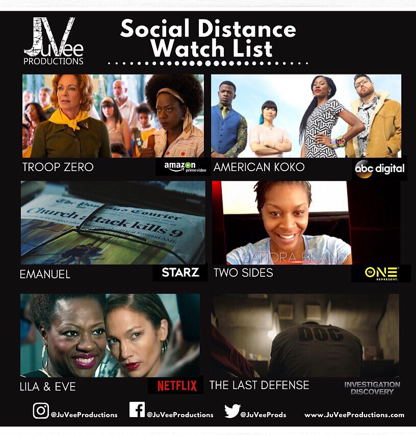 JuVeeProds's tweet photo. Check out our Social Distance Watch List! #JuVeeProductions @TroopZeroMovie @AmericanKoko @EmanuelTheMovie #TwoSides @lastdefenseabc #LilaAndEve #SocialDistancing #Coronavirus
https://t.co/nRxM3QccGZ https://t.co/YhLJext7Wj