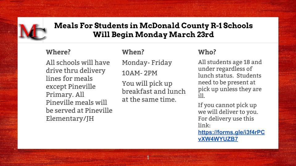 MCR1Mustangs's tweet photo. Please read the attached letter from Dr. Mark Stanton addressing the meal delivery system that will begin for all students beginning Monday, March 23rd. https://t.co/UxIErzh19E https://t.co/5SiXPZ8yZ1