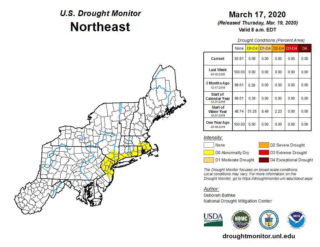 NOAANCEI's tweet photo. March 17: A swath of abnormal dryness developed from eastern Massachusetts southward to northern New Jersey. https://t.co/hs7rCpQMsY #DroughtMonitor #MAwx #RIwx #NYwx #NJwx #MAdrought #RIdrought #NYdrought #NJdrought https://t.co/ZgrDUZnCvM