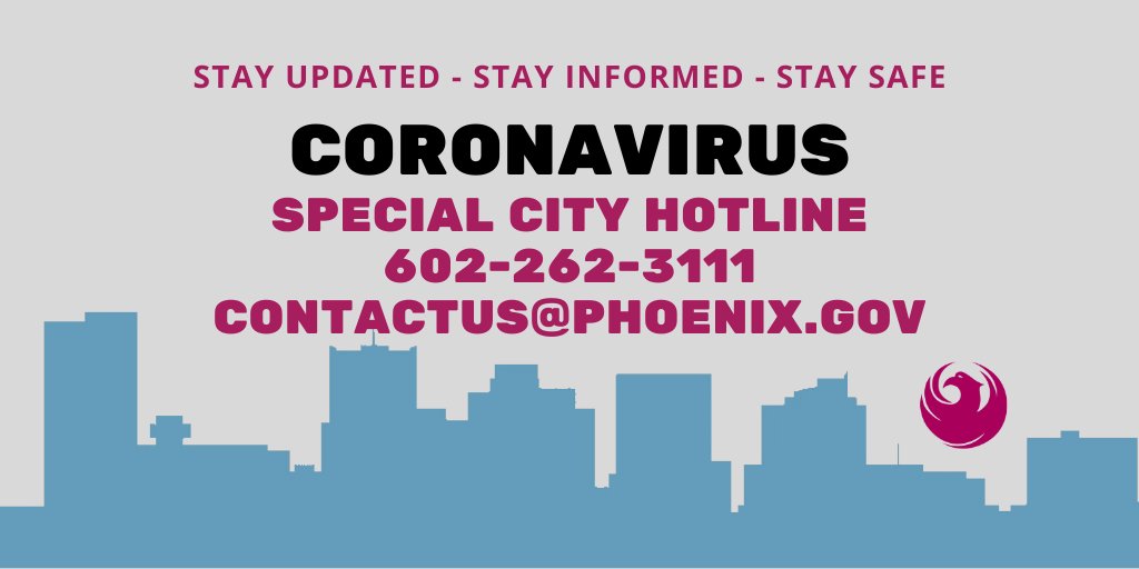 CityofPhoenixAZ's tweet photo. There are several ways to get your questions answered about city services impacted by the #Coronavirus:

☎️ Call special city hotline: 602-262-3111

📧 Email your question: ContactUs@Phoenix.gov

Latest updates can also be found:
🖥️https://t.co/te15NPsolM

#StoptheSpread
#PHX https://t.co/VBj3cxKv6l