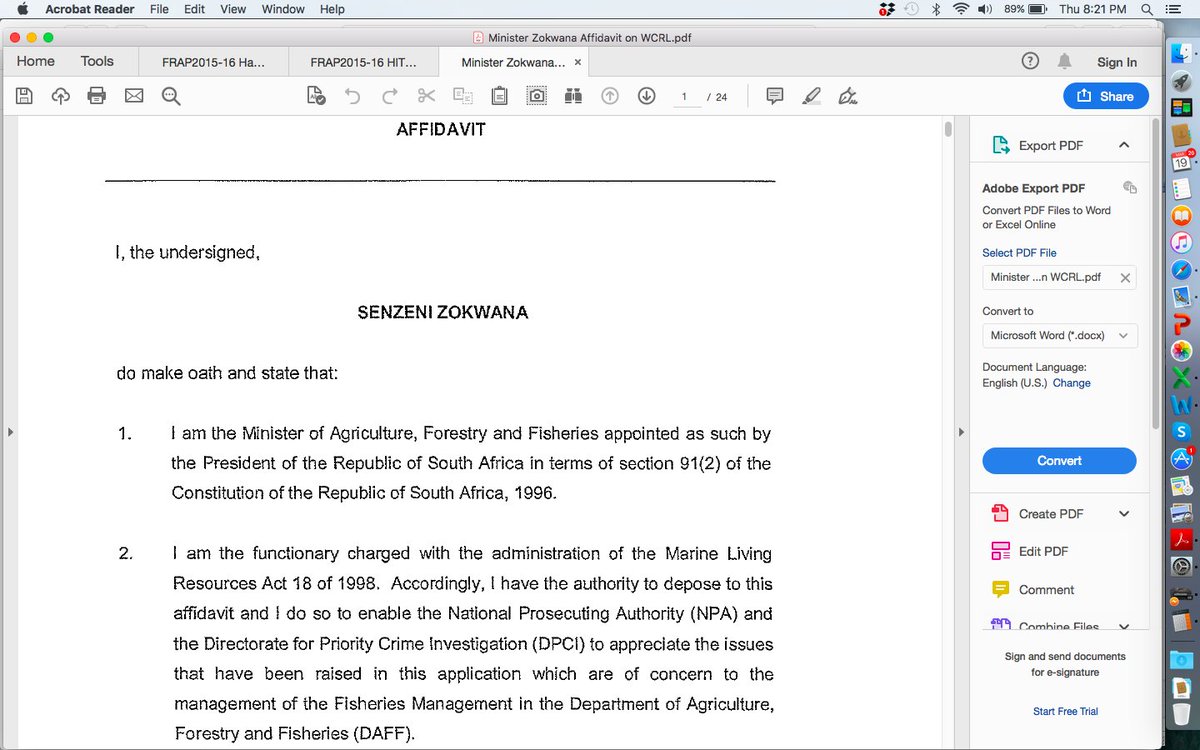 On 30 Sept 2018, Minister Senzeni Zokwana deposed to an aff confirming that an employee in the Fisheries Dept, Ms Wendy West corruptly colluded & shared confidential data with her romantic partner, Yolanda Louw, an employee of Lusitania Fishing.  @AdriaanBasson  @JamesRLorimer 2/