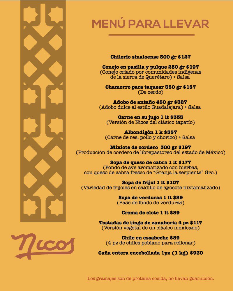Queridos comensales y amigos: Ante la contingencia, sabemos que en estos momentos es muy importante estar en casa con la familia. Es por eso que hemos diseñado con mucho cariño este menú para llevar y compartir en tu mesa. Lleva la experiencia y el sazón de Nicos a tu hogar.🙌🏼🍽