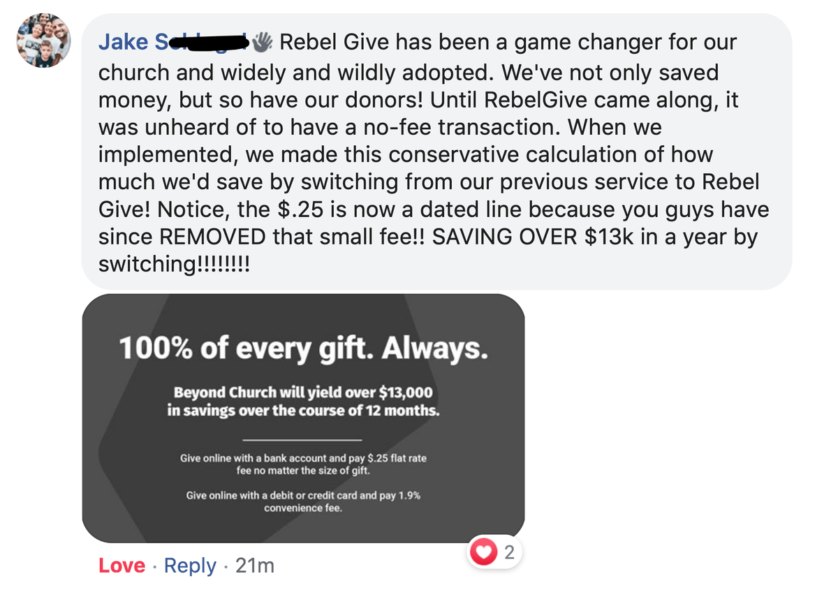 A lot of churches are starting online giving for the first time now, or are looking to switch providers to save money due to the current situation.

RebelGive saves churches $,$$$'s and we have so many scholarships available for small/first time churches.

rebelgive.com