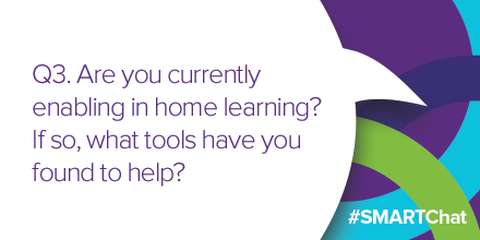 SMART_Tech's tweet photo. Q3. Are you currently enabling in home learning?  
If so, what tools have you found to help? 
#SMARTchat 
#DistanceTeaching 
#DistanceLearning https://t.co/lfq5bjynhr