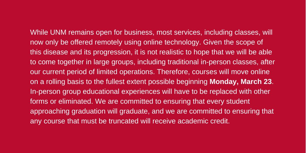 Important 🚨 COVID-19 update for <a href="/UNM/">Univ. of New Mexico</a> students. There's a real possibility that in-person classes won't resume this semester. Courses will move online beginning Monday, March 23. Stay home and stay safe, 🐺.