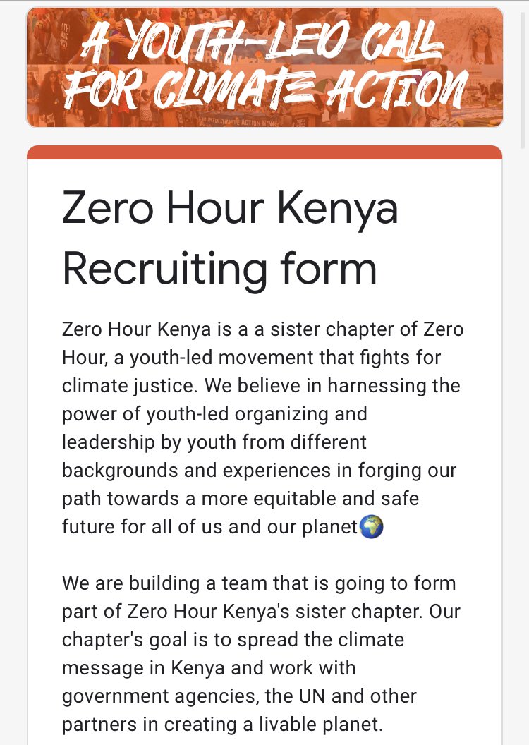 ThisIsZeroHour's tweet photo. CALLING ALL YOUTH FROM KENYA — APPLY NOW TO JOIN @zerohourkenya 🇰🇪!

Our chapter in Kenya is looking to recruit new activists for their team, so if you live in #Kenya and would like to join #ThisIsZeroHour, fill in the application bellow ⬇️ 

https://t.co/A8cViU6QdH https://t.co/tx4HsTzT9a