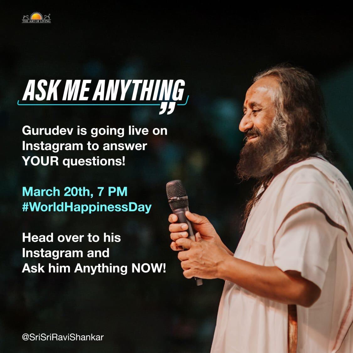 It’s a virtual date!! 
Celebrate #WorldHappinessday with Gurudev <a href="/SriSri/">Gurudev</a> live on <a href="/instagram/">Instagram</a>! Here is a fabulous chance to ask him anything you want!! 7 PM today 20th March!!