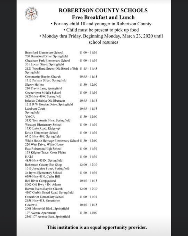 Attention Robertson County friends- Here is the updated location and time information for the feeding program which begins Monday, March 23. The child must be with you in order to get the grab and go food bag. You will receive a breakfast and lunch per child.
