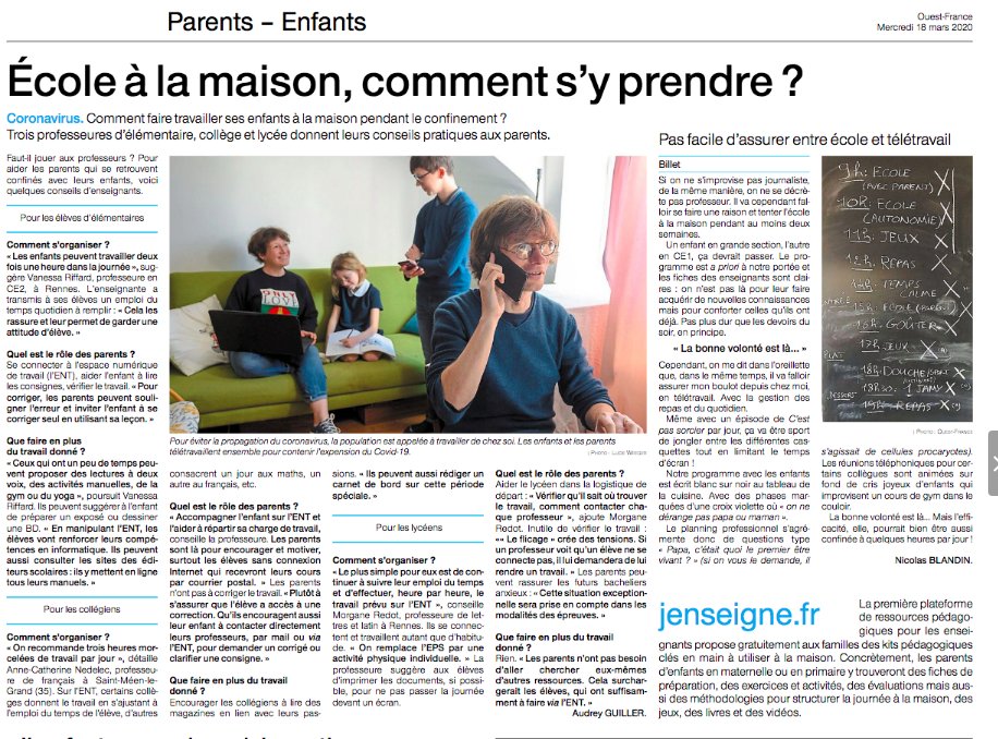 jenseignefr's tweet photo. Merci @OuestFrance pour cet article au sujet de https://t.co/JBNlCtmyNS et de l'école à la maison #ContinuitePedagogique https://t.co/iu3OC36I9g