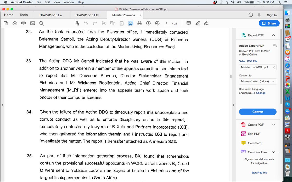 7/ Zokwana's affidavit further confirms that the collusion of the Acting DDG at the time as well in seeking to cover up the corruption of Ms West. Zokwana confirms that West sent Louw screenshots of the confidential and secret lists of successful appellants. 8/