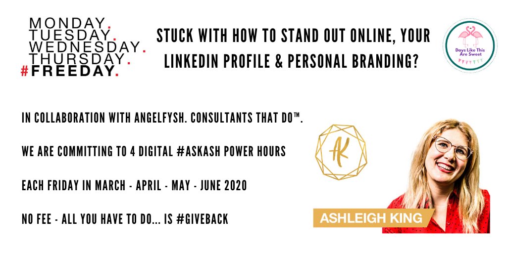 Do you need some help to stand out online? In collaboration with @angelfysh <a href="/being50odd/">Being 50odd</a> I’m offering #FREEday #Consultancy to #GiveBack to others when it’s needed most.
Book an #AskAsh digital time slot:
Calendly.com/ask-ash 
#Coronavirus #COVID19 #ThisIsMINE #PersonalBranding