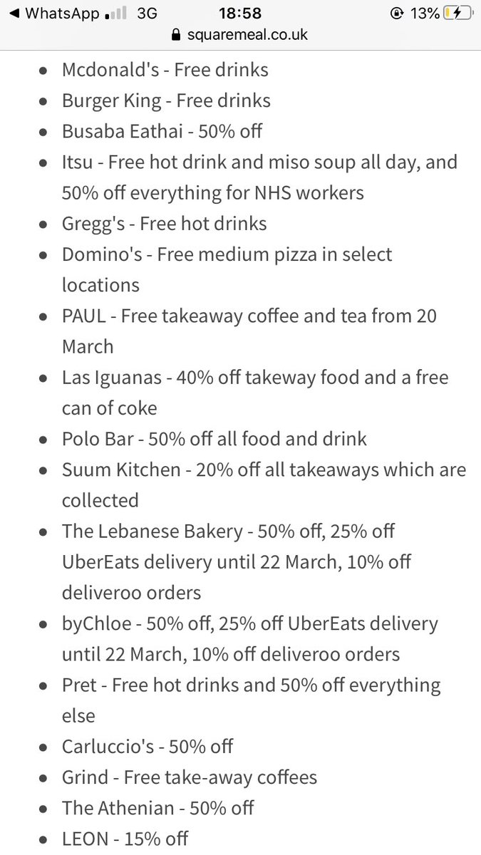 Here’s a list of some of the places providing discounts for NHS staff at the moment. <a href="/ChelwestFT/">Chelsea and Westminster Hospital</a> <a href="/ChelwestEIC/">ChelwestEIC</a> <a href="/WestMidHospital/">West Middlesex University Hospital</a>