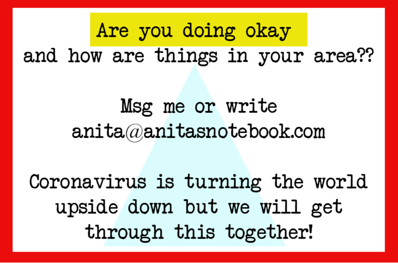 anitasnotebook's tweet image. In my area much is closed down already. My family and I have been staying at home unless walking around the neighborhood or getting groceries. 

Let&apos;s take it one step at a time, and stick together. 

Feel free to message me any time!

xo,
Anita