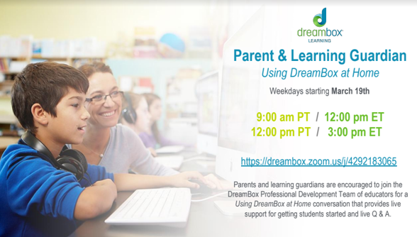 In a district using DreamBox or any K-8 parent using the FREE Trial - Join us virtually for LIVE DreamBox Support just for Parents!💥

DreamBox will provide parent-focused support plus Q &amp; A. Join a session M-F at 12pm &amp; 3pm ET at: dreambox.zoom.us/j/4292183065