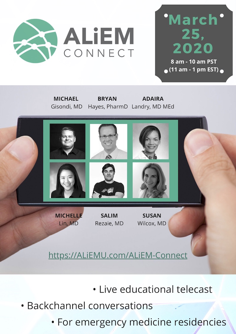 ALiEMteam's tweet photo. #EMConf cancelled due to #COVID2019? Check out our #ALiEMRemote innovations for learning during #SocialDistancing.
 
Join us for #ALiEMConnect!

A Live Educational Telecast w/ curated discussion sponsored by @ABEMCert.
 
March 25, 2020 8am-10am PST
 
https://t.co/UFJDecLbVs https://t.co/Ge44K1DE9a