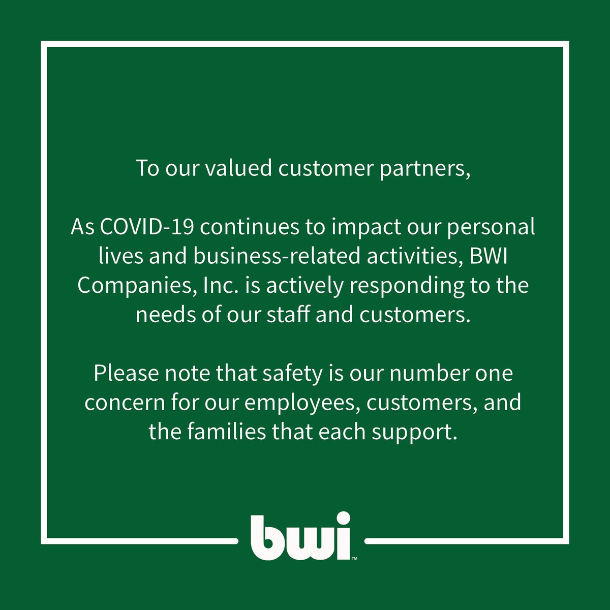 Important Update from BWI Companies. For information regarding COVID-19 click here:bit.ly/3a7rPiW.