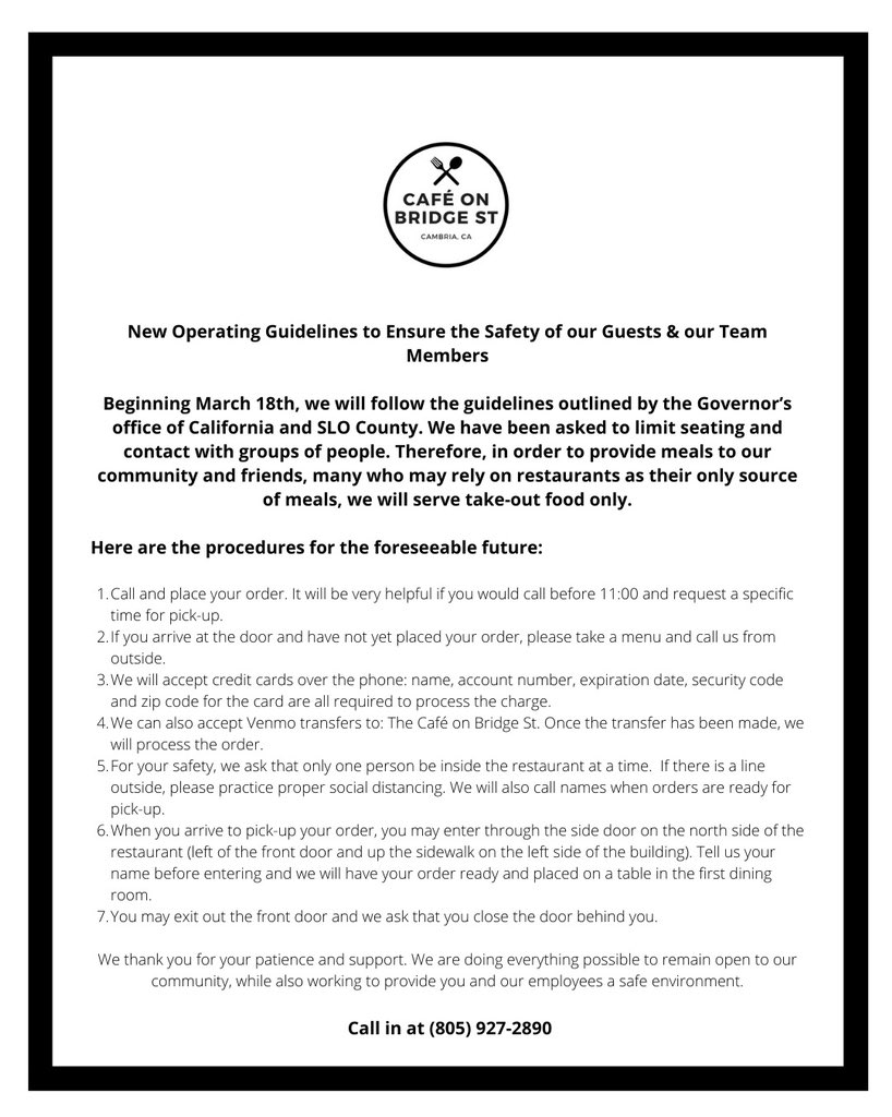 cafeonbridgest's tweet photo. For your safety &amp; the safety of our staff, please take a second to review our new operating procedures for the foreseeable future https://t.co/h3N3LSdLXQ