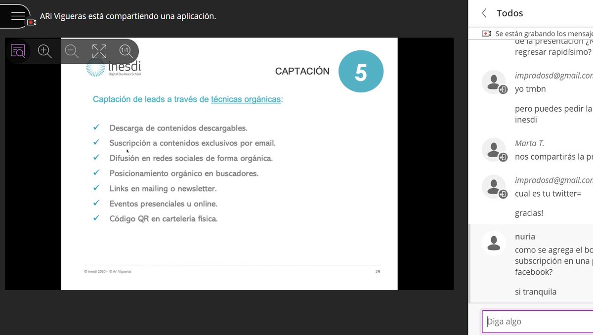 Súper clase sobre :"El arte de generar, aumentar y segmentar de forma óptima una BBDD " con <a href="/ARiVigueras/">ARi Vigueras</a> y @InstitutoInesdi #YoMeQuedoEnCasa