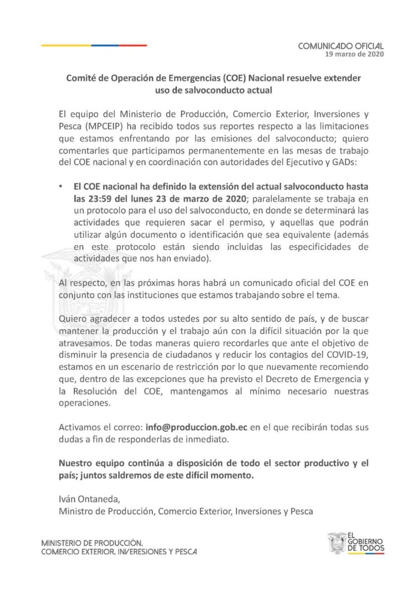 CamaraMaritimaE's tweet photo. Actual salvoconducto tendrá validez hasta las 23:59 del lunes 23 de marzo. A la espera del protocolo en beneficio de la cadena logística #EcuadorPrevenido
Agradecemos las autoridades que relacionadas al sector productivo
@IvanOntanedaB @Industriasgye
@CamaraCIP @CeEcuatoriano https://t.co/V9xKyrGU1R