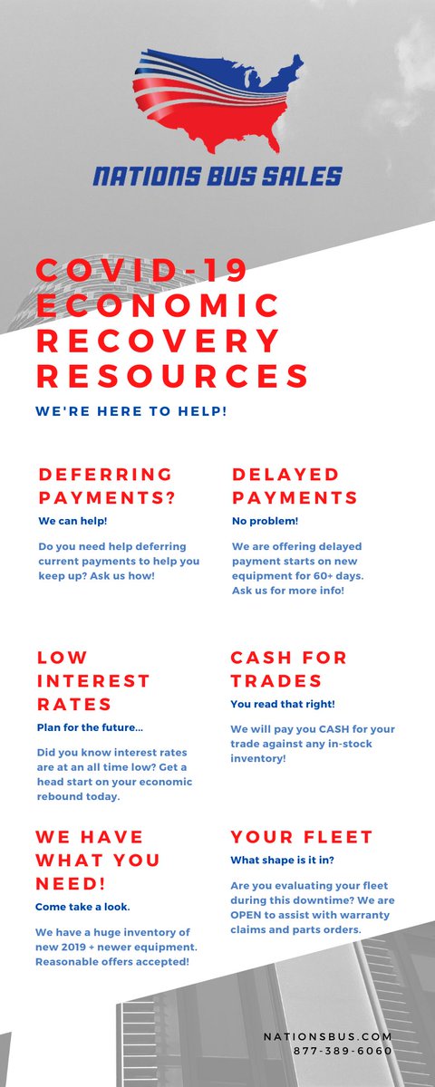 NationsBus's tweet image. Nations Bus is dedicated to helping our operators stay in business through these difficult times.
We are OPEN and are ready to take your call!
Let's get through this together!

#nationsbus #coasttocoast #covid19 #covid #shuttlebus #transportation #wesellbuses