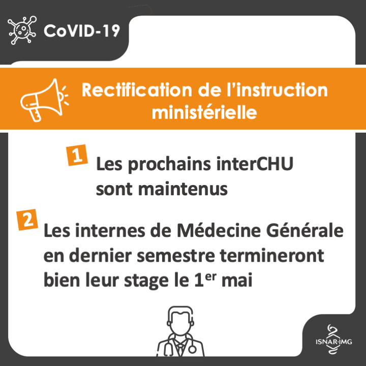 ISNARIMG's tweet photo. [☣️COVID-19] Modification de l’instruction ministérielle 

👉🏻 Les stages interCHU sont bien maintenus 

📅 Les affectations en nov 2020 ne seront pas reportées 

Clarification : 
‼️ Les internes de Médecine Générale en 6e semestre termineront bien leur semestre au 1er mai 2020. https://t.co/dtJYJ7TmIl