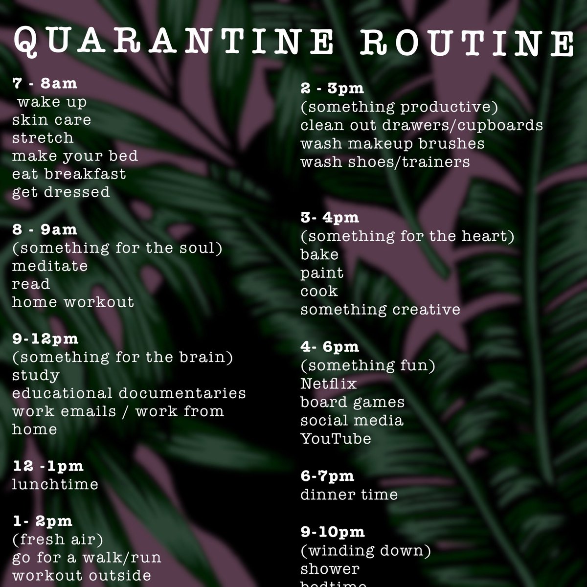 Self isolation? No problem we’ve put together a daily routine if you’re stuck twiddling your thumbs to check back on this and to keep yourself and family members / partners busy. #Covid_19 🧡