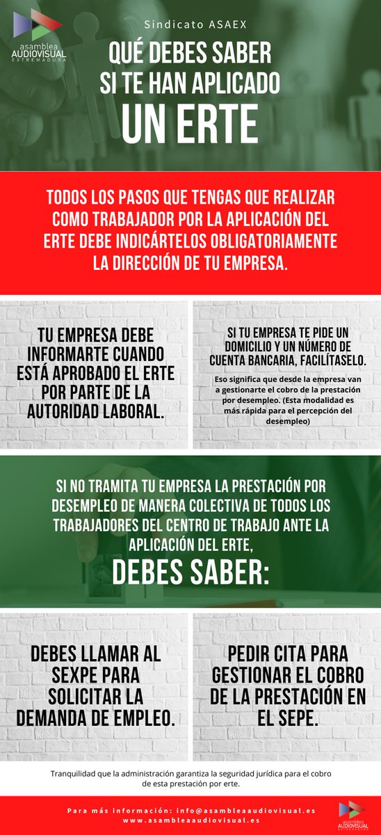 SindicatoASAEX's tweet photo. ¿Eres uno de los afectados por los ERTE?... En esta Infografía te contamos qué debes saber si te lo han aplicado. 
( ▶️▶️▶️ CLICA EN LA IMAGEN PARA VERLA COMPLETA)
#ASAEX #SindicatoASAEX #AsambleaAudiovisualdeExtremadura #ERTE #Coronavirus #COVID19 #SectorAudiovisualExtremeño https://t.co/FFvlQZfMVA
